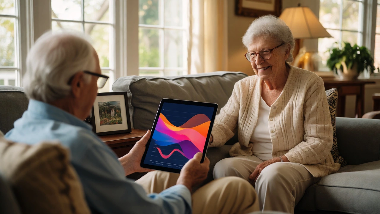 Relaxed older couple discussing finances on a sofa in a bright living room