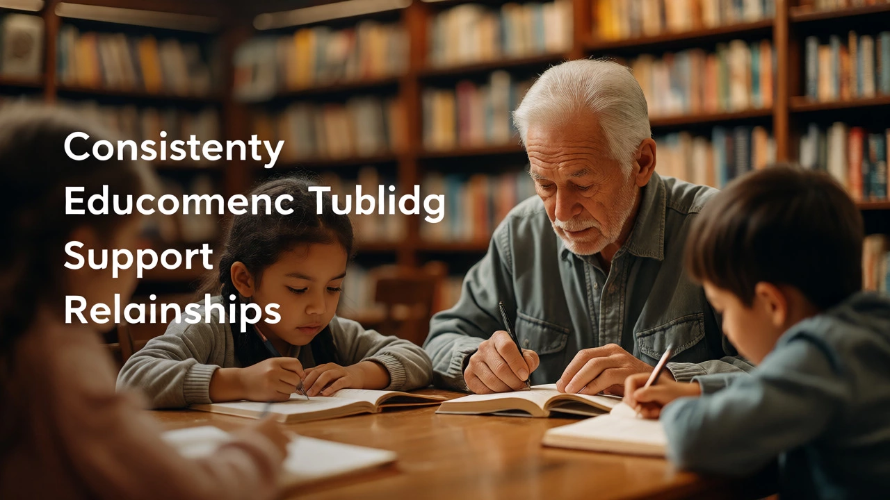 Retired teacher tutoring children at a library table