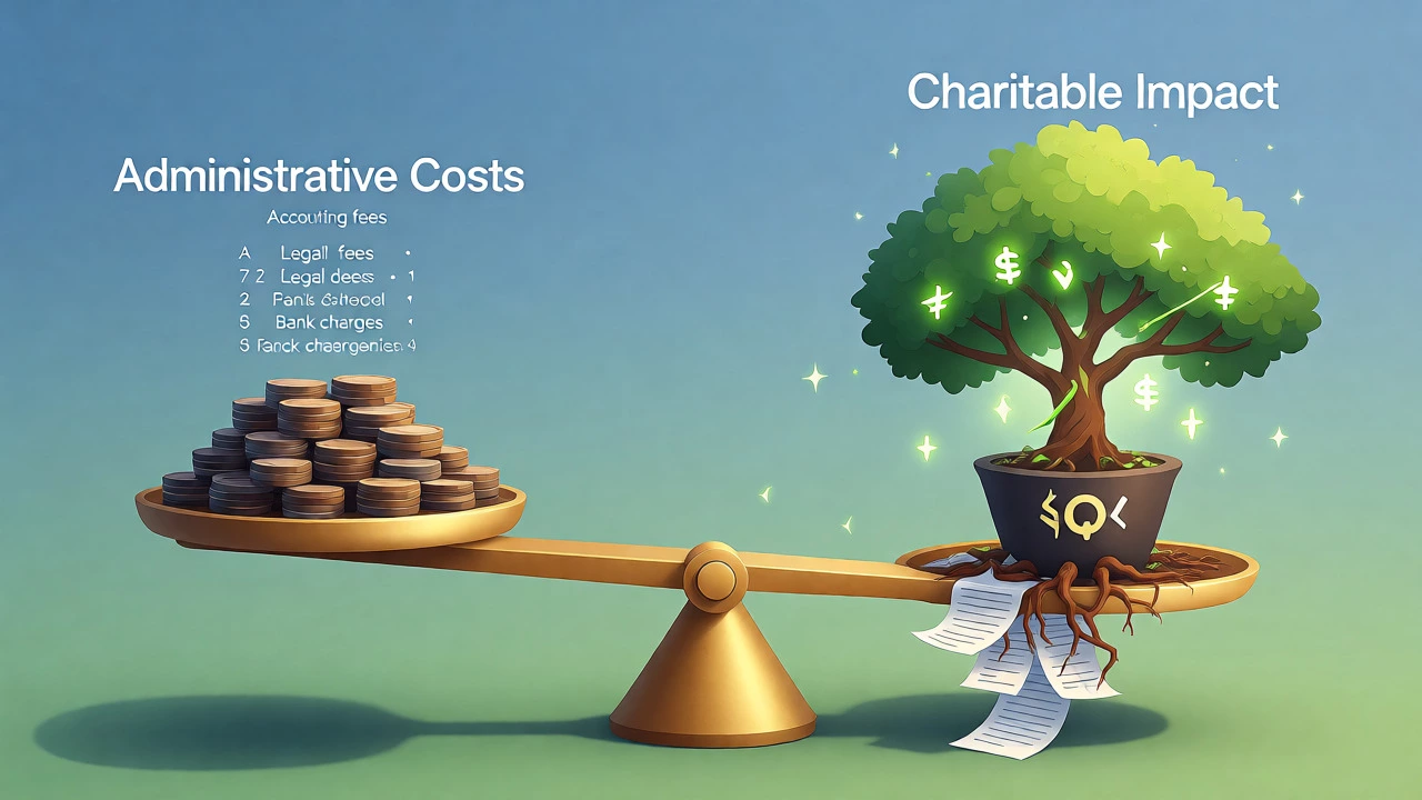 Scale balancing administrative cost stones against a growing charity tree