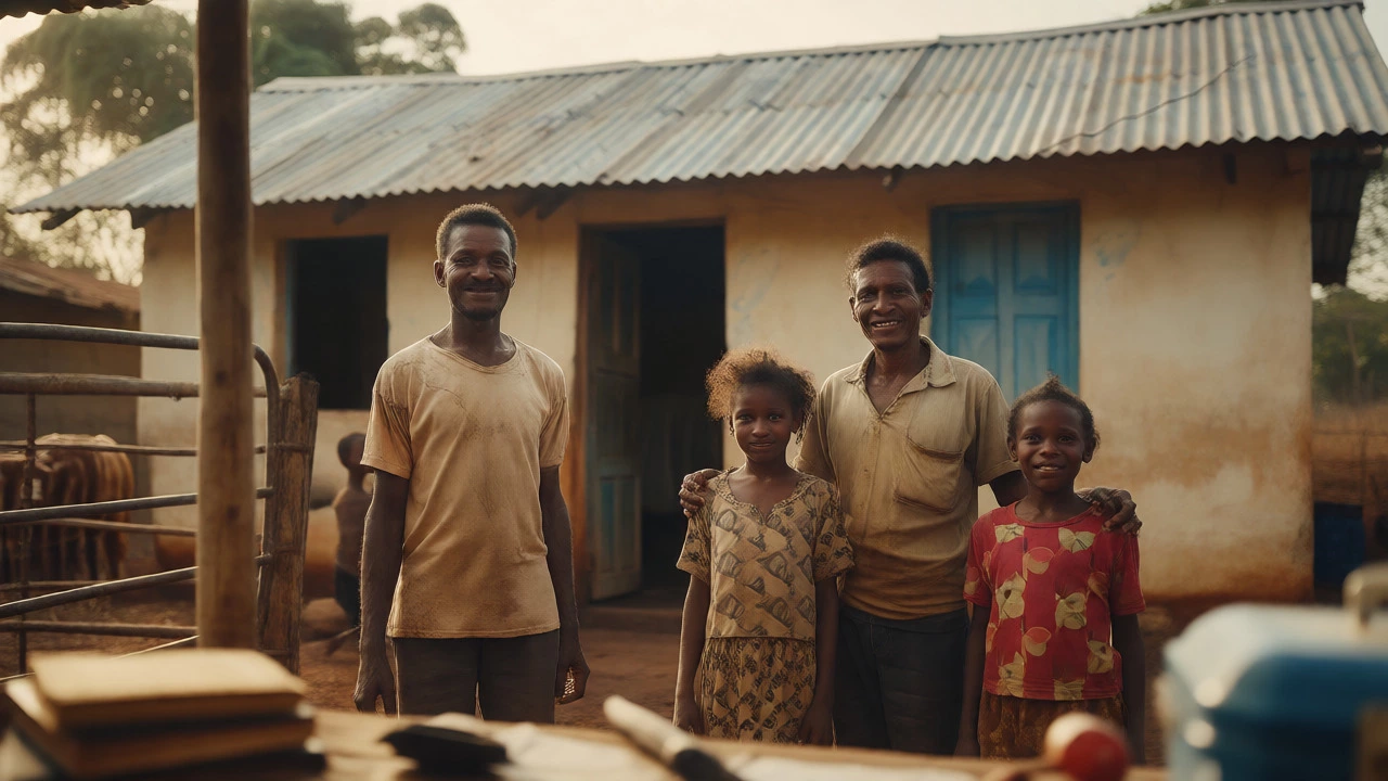 Smiling family standing by their improved home, illustrating the dignified impact of effective charitable giving.