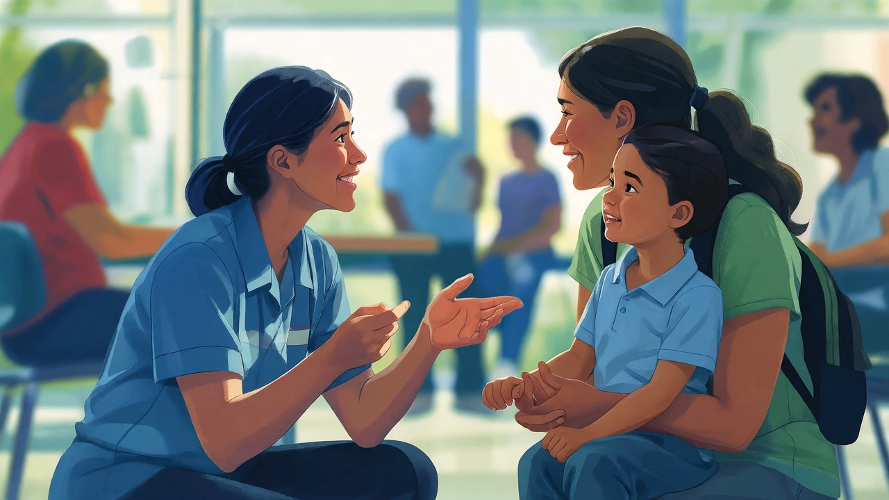 Staff member sharing specific daily updates with a parent at pickup