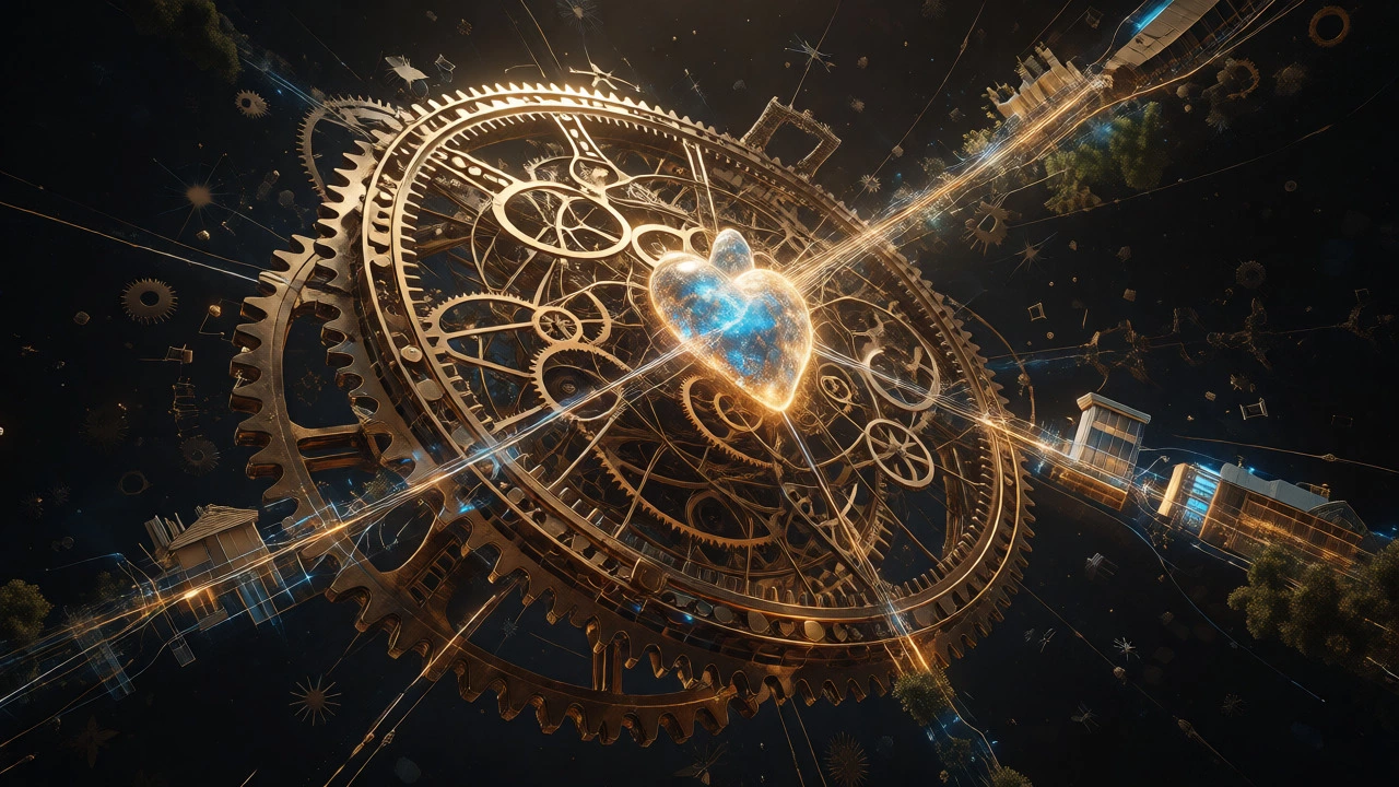 Surreal golden clockwork mechanism distributing light to various charitable causes.