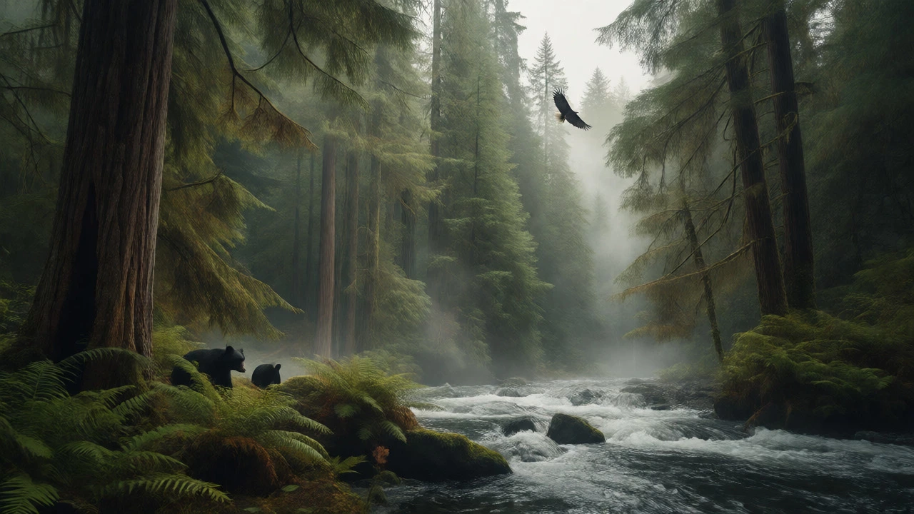 Temperate rainforest river with bear and eagle in mist