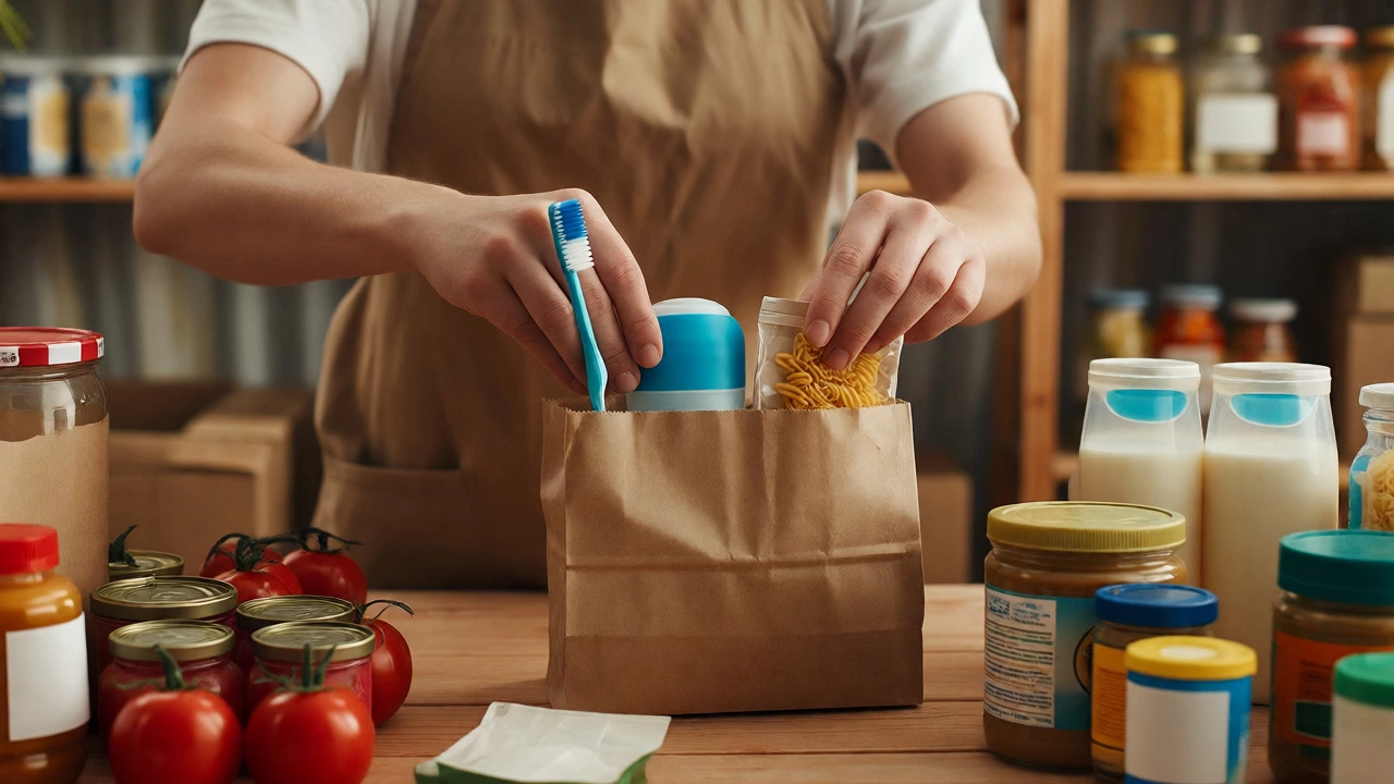 Volunteer hands packing hygiene kits and food staples for charity distribution.